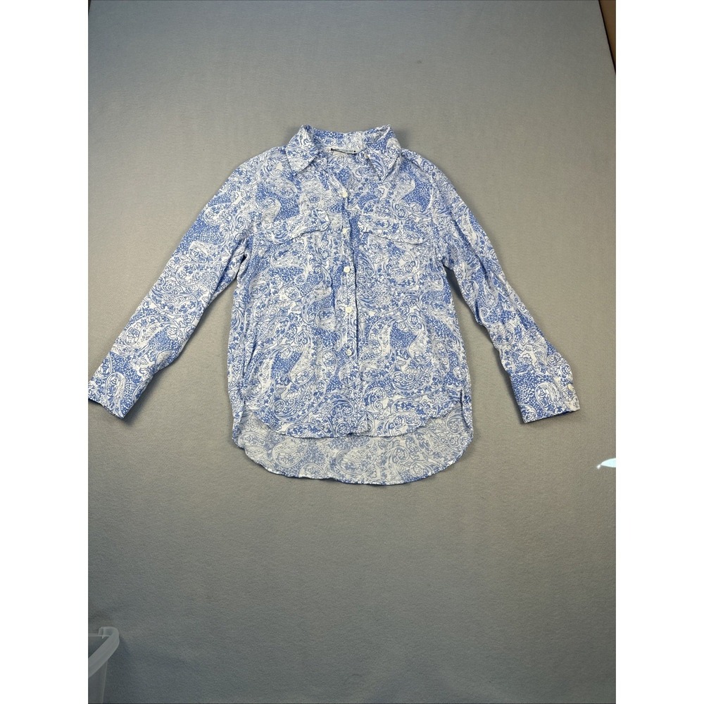 Zara Button Up Shirt Women Small‎ Blue Paisley Print Long Sleeve Cotton Top